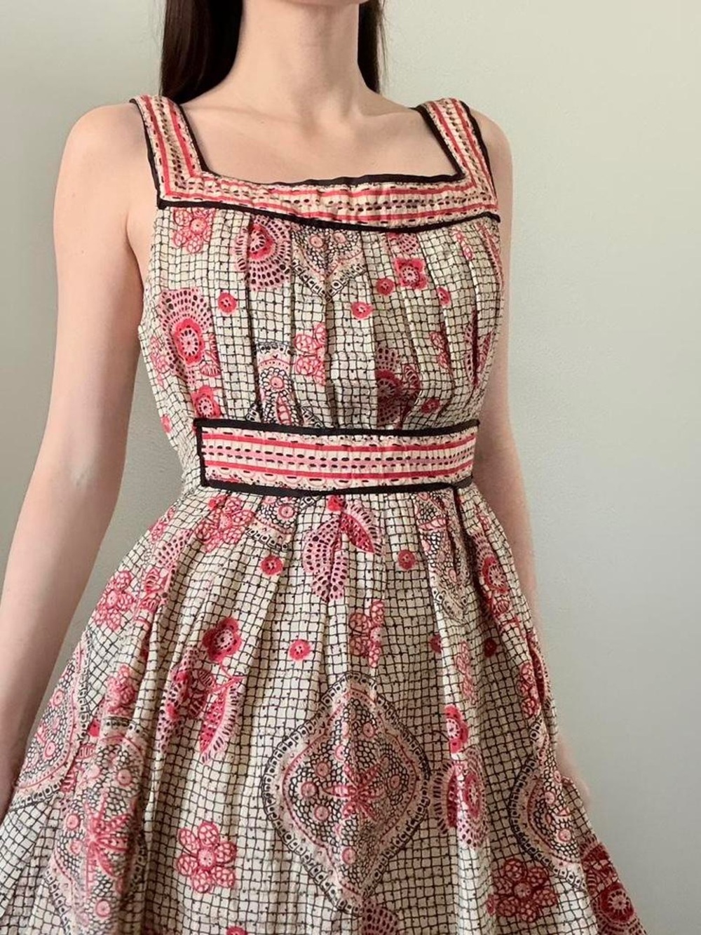 Anna Sui Cream and Pink Square-Neck Midi Dress